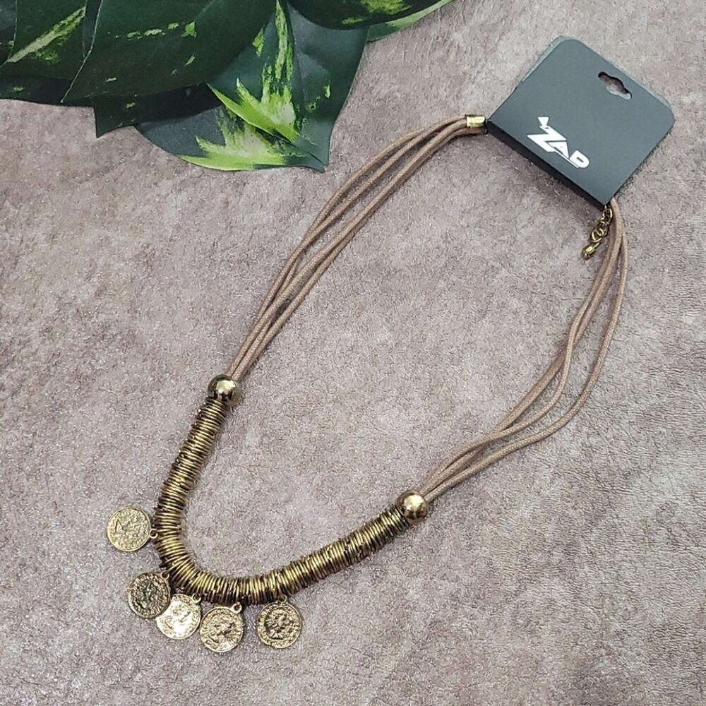 ZAD brown leather & gold toned coin necklace NEW